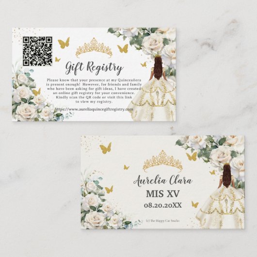 Ivory Wit Bloemen Goud Quinceañera Gift Registry Informatiekaartje (Voorkant / Achterkant)