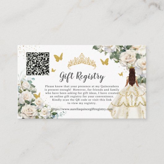 Ivory Wit Bloemen Goud Quinceañera Gift Registry Informatiekaartje (Voorkant)