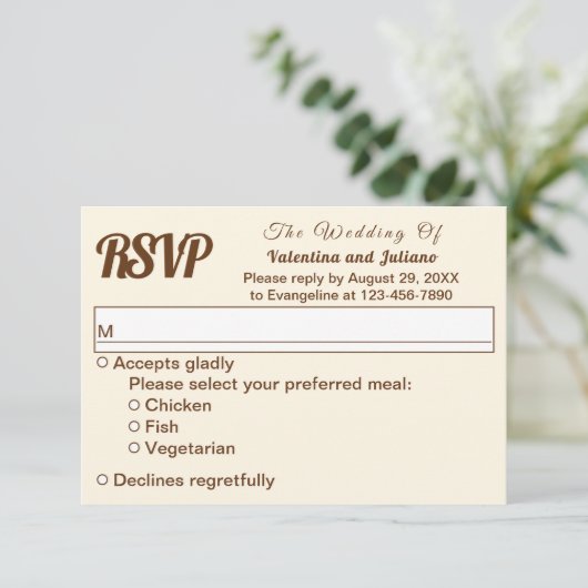 Ivory With Brown Text Wedding RSVP (Staand voorkant)