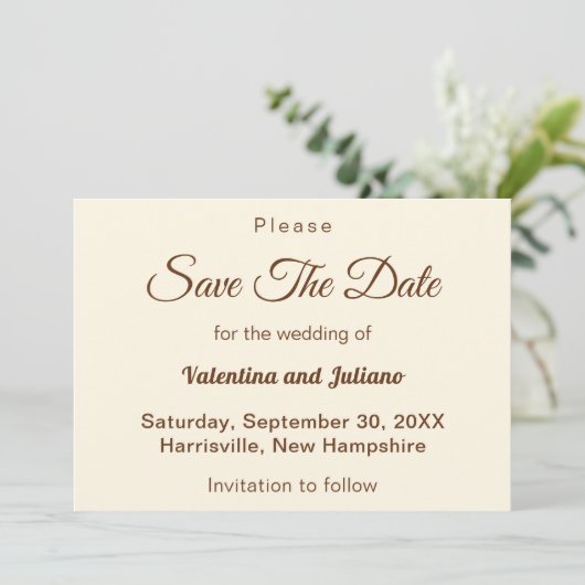 Ivory With Brown Text Wedding Save The Date (Staand voorkant)