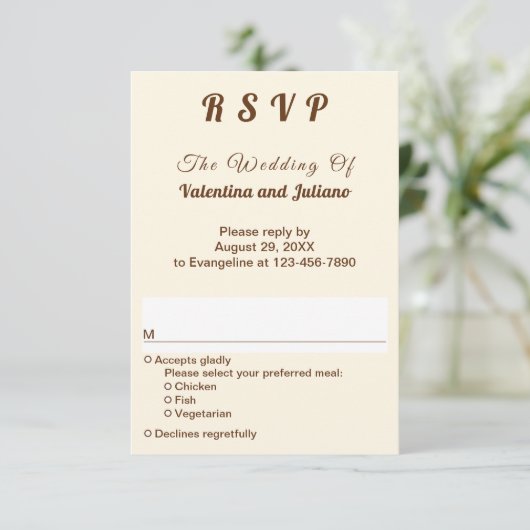 Ivory with Brown Typography Portrait Wedding RSVP Kaartje (Staand voorkant)