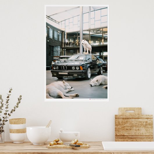 Ivory Wolf Chroma | Wolven en een auto Poster (Keuken)