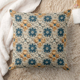 Ivory Yellow and Blue Faux Crochet Kussen