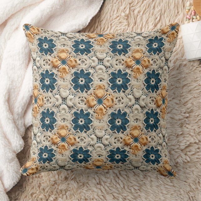 Ivory Yellow and Blue Faux Crochet Kussen (Deken)