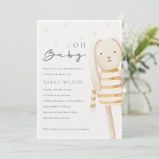 Ivory Yellow Bunny Soft Speelgoed Oh Baby shower n Bedankkaart (Staand voorkant)
