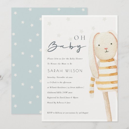 Ivory Yellow Bunny Soft Speelgoed Oh Baby shower n Bedankkaart (Voorkant / Achterkant)