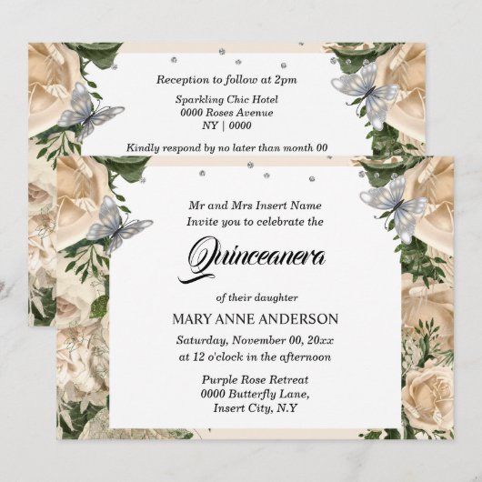 Ivory zilvervlinder elegant roos quinceanera kaart (Voorkant / Achterkant)