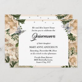 Ivory zilvervlinder elegant roos quinceanera kaart