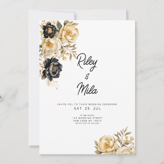 Ivory zwart gouden pioen bloem luxe Trouw Kaart (Voorkant)