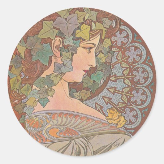 Ivy - Alphonse Mucha Ronde Sticker (Voorkant)