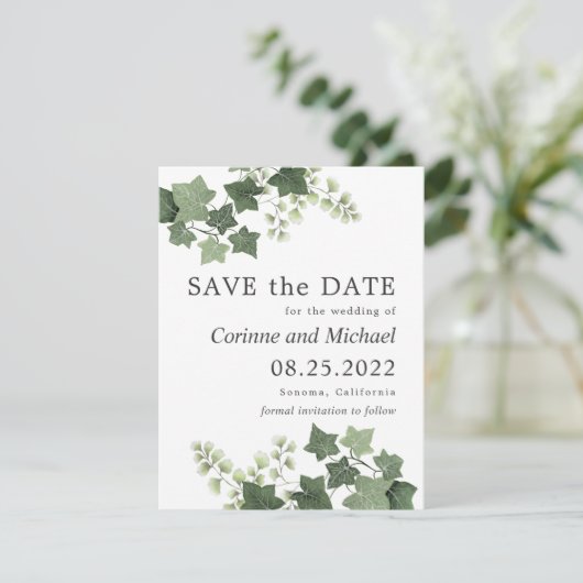 Ivy and Fern Greenery Wedding Save the Date (Staand voorkant)