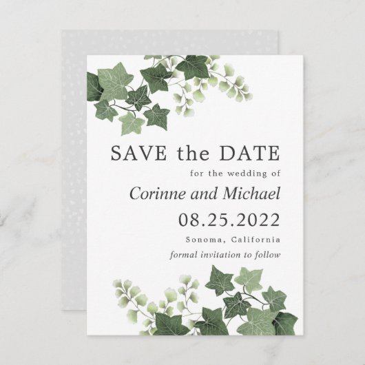 Ivy and Fern Greenery Wedding Save the Date (Voorkant / Achterkant)