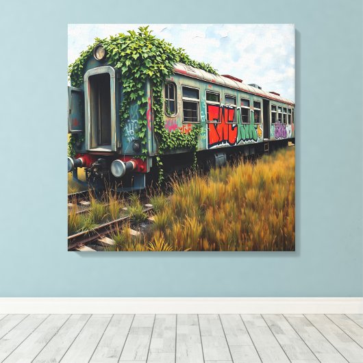 Ivy and Graffiti  Covered Abandoned Train  Canvas Afdruk (Insitu (Houten vloer))