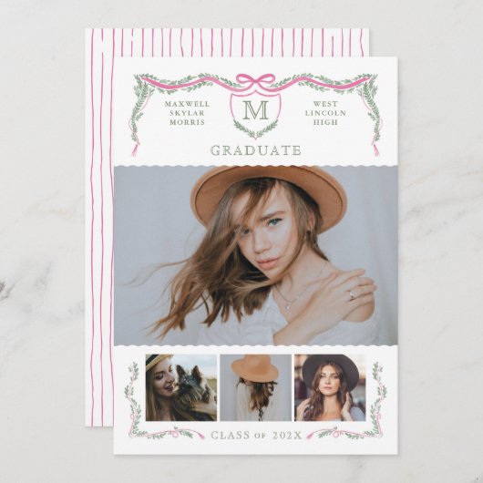 Ivy Crest Monogram Foto Afstuderen Kaart (Voorkant / Achterkant)