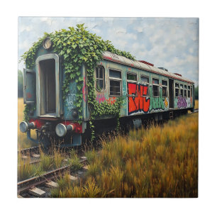 Ivy en Graffiti Bedekte Verlaten Trein Tegeltje
