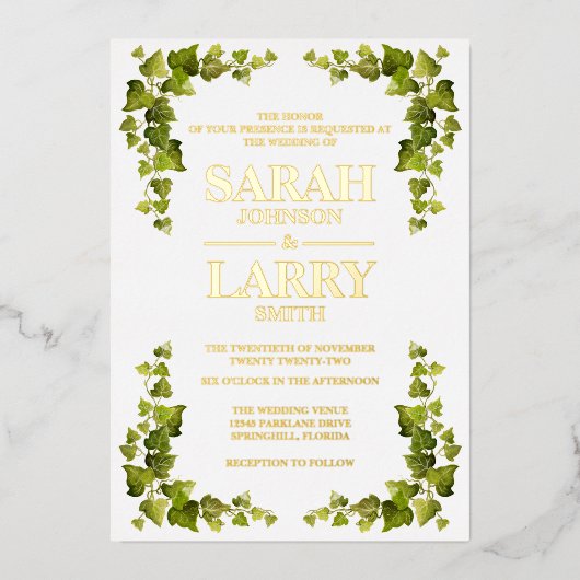 Ivy Leaf en Elegant Gold Traditional Wedding Folie Uitnodiging (Voorkant)