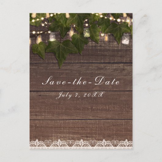 Ivy & String Lights Mason Jar Rustic Save the Date Aankondigingskaart (Voorkant)