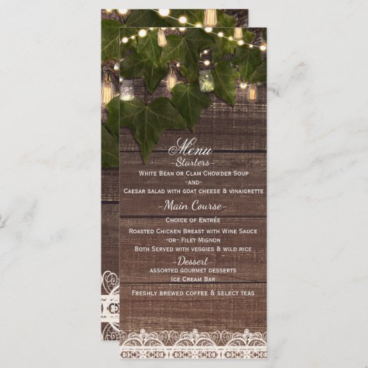 Ivy & String Lights Mason Jar Rustiek Party Menu (Voorkant / Achterkant)