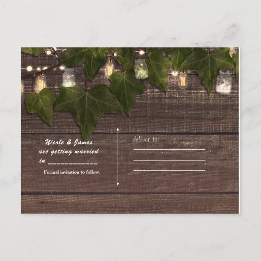 Ivy & String Lights Mason Jar Rustieke Bewaar de D Aankondigingskaart (Achterkant)