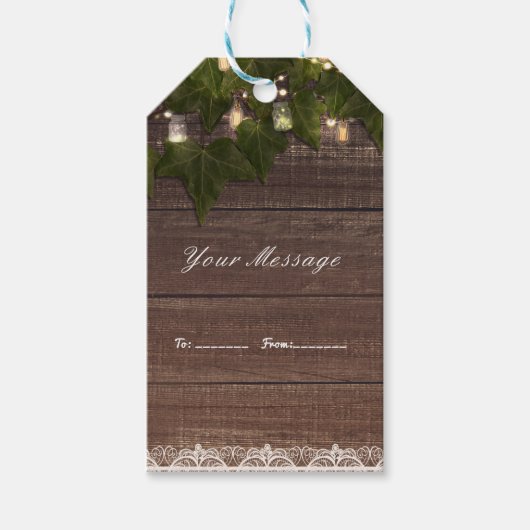 Ivy & String Lights Mason Jar Rustieke bruiloft gu Cadeaulabel (Voorkant)