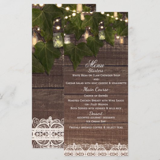 Ivy & String Lights Mason Jar Rustieke Feestmenu Menu (Voorkant / Achterkant)