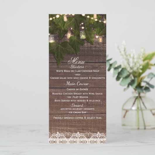Ivy & String Lights Mason Jar Rustieke Feestmenu Menu (Staand voorkant)