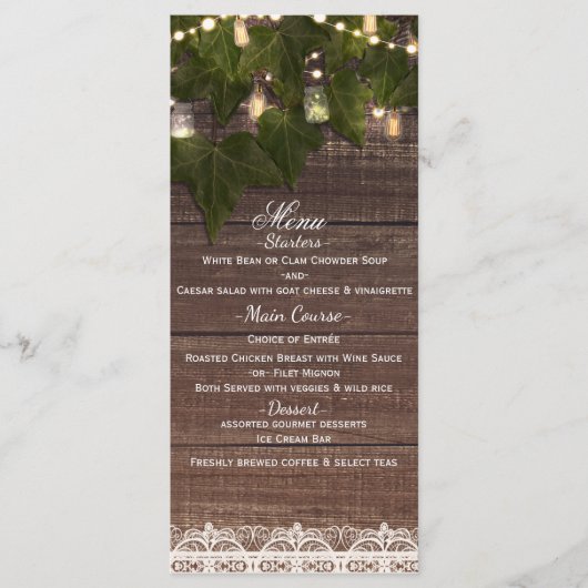 Ivy & String Lights Mason Jar Rustieke Feestmenu Menu (Voorkant)