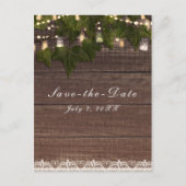 Ivy & String Lights Mason Jar Rustieke Save the Da Aankondigingskaart (Voorkant)