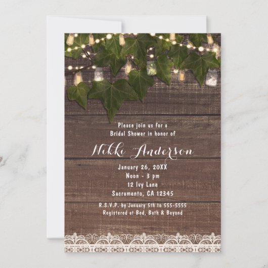 Ivy & String Lights Mason Jar Rustieke Uitnodiging (Voorkant)