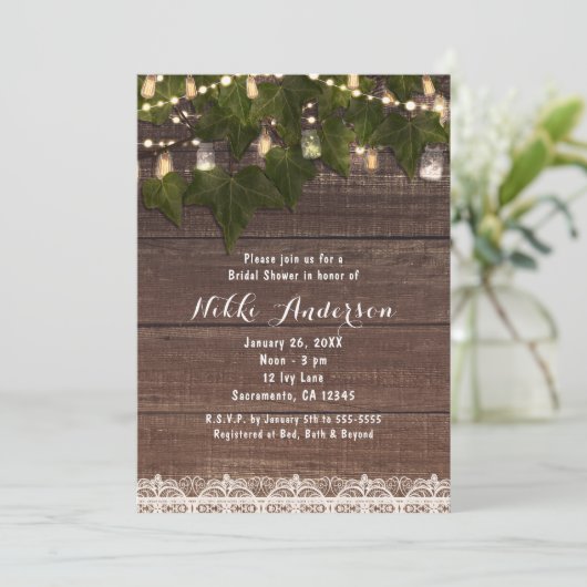 Ivy & String Lights Mason Jar Rustieke Uitnodiging (Staand voorkant)
