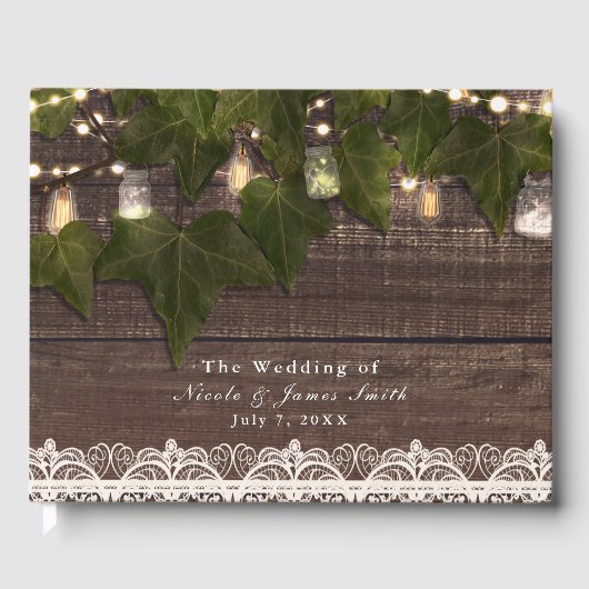 Ivy & String Lights Mason Pot Rustic Trouwen Gastenboek (Voorkant)