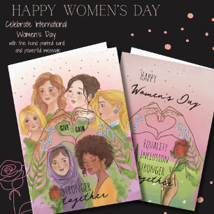 IWD Roze Waterverf multi-etnische Vrouwen GEVEN OM Feestdagen Kaart