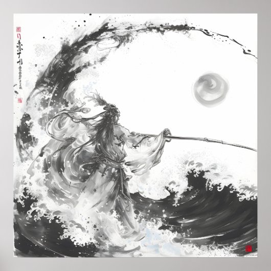 Izanami en Izanagi Zwart-witte speer Poster (Voorkant)