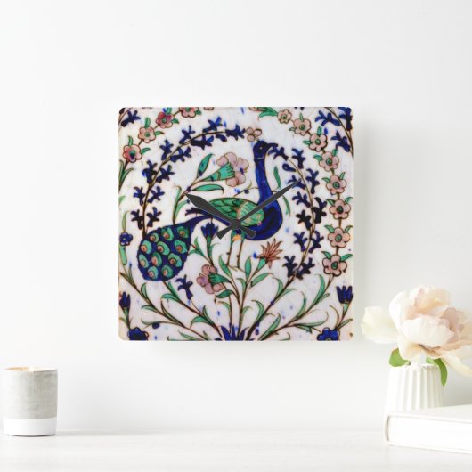 Iznik Peacock Wall Clock Vierkante Klok (Huis)