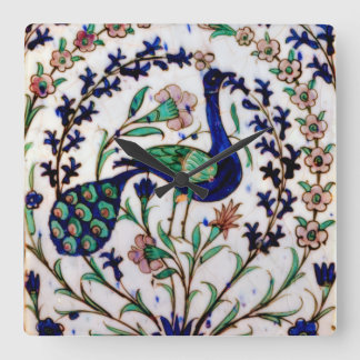 Iznik Peacock Wall Clock Vierkante Klok