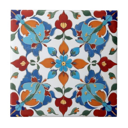 Iznik Turks Bloem Rood Sinaasappel Blauw Wit Bloem Tegeltje (Voorkant)