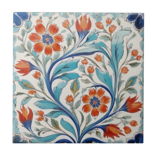 Iznik Turks Bloemen Groen Blauw Sinaasappel Rode B Tegeltje (Voorkant)
