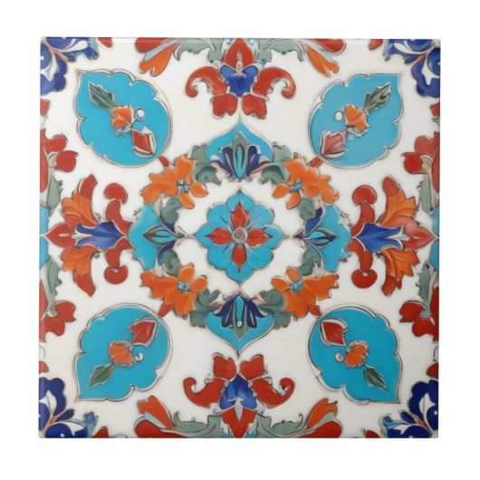 Iznik Turks Bloemen Rood Blauw Symmetrisch Tegeltje (Voorkant)