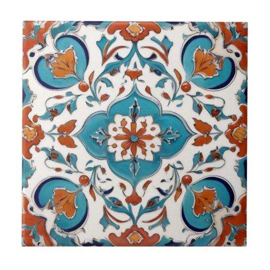 Iznik Turks Classic Bloemen Rood Turquoise Blauw Tegeltje (Voorkant)