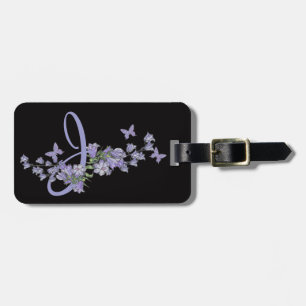 J - Blue Bells Butterfly Monogram Black Background Bagagelabel