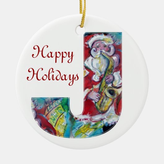 J BRIEF/SANTA EN SAX, CHRISTMAS PARTY MONOGRAM KERAMISCH ORNAMENT (Voorkant)