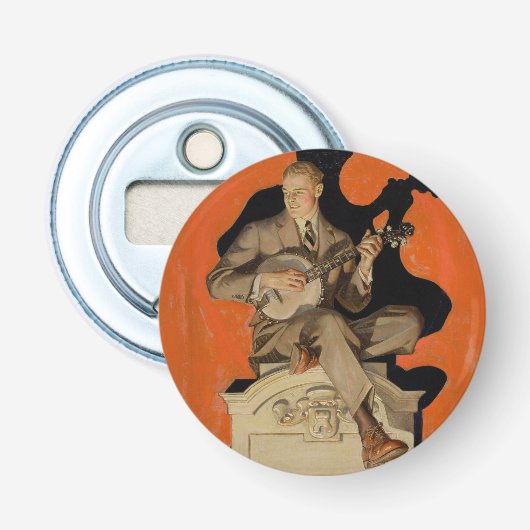 J.C. Leyendecker Banjo Speler 1920 Art Deco Kunst Button Flesopener (Voorkant)