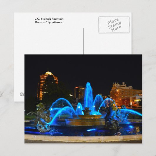 J.C. Nichols Fontein in Blauw, Kansas City Briefkaart (Voorkant / Achterkant)