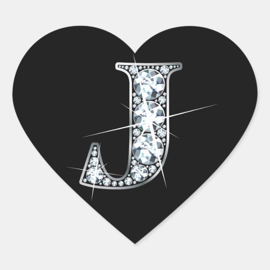 "J" Diamond Bling on Black Heart Sticker (Voorkant)