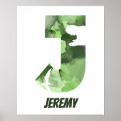 "J" Dinosaur Waterverf Green Child's Name Poster (Voorkant)