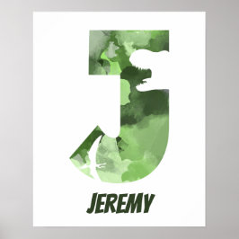 "J" Dinosaur Waterverf Green Child's Name Poster