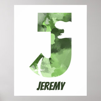 "J" Dinosaur Waterverf Green Child's Name Poster