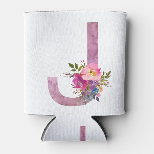 J, Floral Monogram initiaal, waterverf bloem Blikjeskoeler (Voorkant)