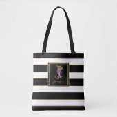 J Gold Floral Monogram | Zwarte witte gouden strep Tote Bag (Voorkant)