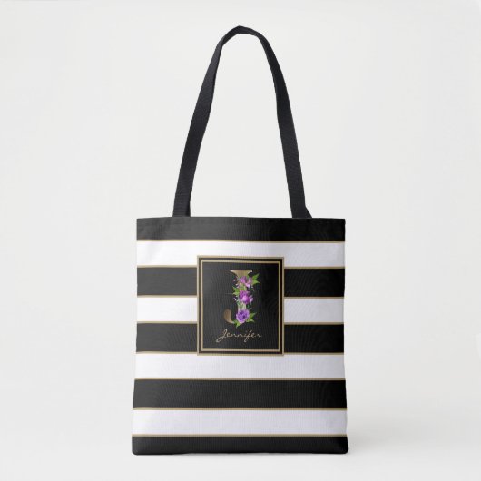 J Gold Floral Monogram | Zwarte witte gouden strep Tote Bag (Voorkant)
